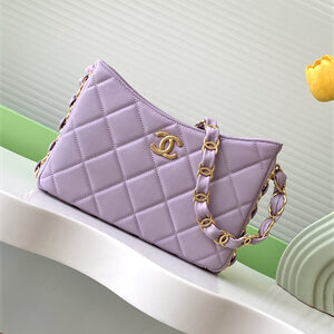 Cha.nel Hobo Handbag Lambskin & Gold-Tone Metal Lt Purple AS5177