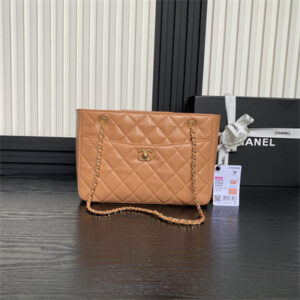 Cha.nel Small Tote Shiny Lambskin & Gold-Tone Metal Brown AS5215