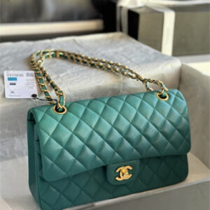 Chanel Medium Classic Flap Bag Grained Calfskin Gold Tone Metal Green 01112
