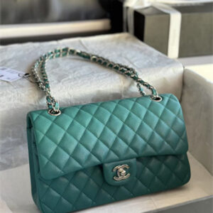Chanel Medium Classic Flap Bag Grained Calfskin Silver Tone Metal Green 01112