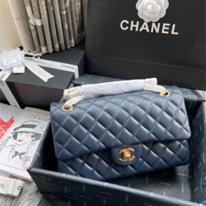 Chanel Medium Classic Flap Bag Lambskin Gold Tone Metal Navy 01112