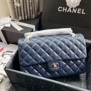 Chanel Medium Classic Flap Bag Lambskin Silver Tone Metal Navy 01112