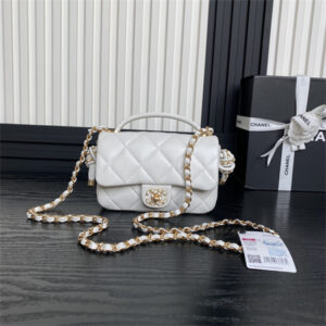 Chanel Mini Flap Bag With Top Handle Lambskin Gold Tone Metal White Color AS5298