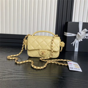 Chanel Mini Flap Bag With Top Handle Lambskin Gold Tone Metal Yellow Color AS5298