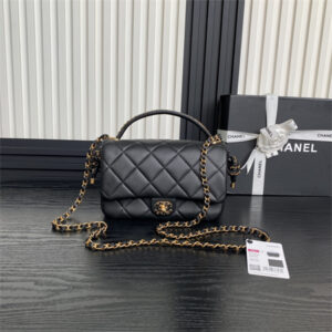 Chanel Flap Bag With Top Handle Lambskin Gold Tone Metal Black Color AS5317
