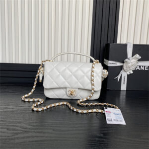 Chanel Flap Bag With Top Handle Lambskin Gold Tone Metal White Color AS5317