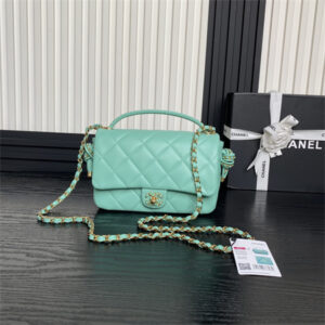 Chanel Flap Bag With Top Handle Lambskin Gold Tone Metal Green Color AS5317