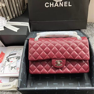 Chanel Medium Classic Flap Bag Lambskin Silver Tone Metal Burgundy 01112