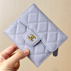 Chanel Small Flap Wallet Tri-Fold Grained Calfskin Gold Tone Metal Lt Purple A82288