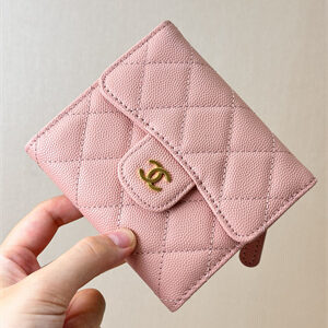 Chanel Small Flap Wallet Tri-Fold Grained Calfskin Gold Tone Metal Pink A82288