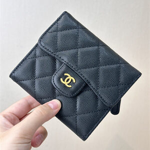 Chanel Small Flap Wallet Tri-Fold Grained Calfskin Gold Tone Metal Black A82288