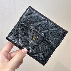 Chanel Small Flap Wallet Tri-Fold Grained Calfskin Gold Tone Metal Black A82288 (big grain)