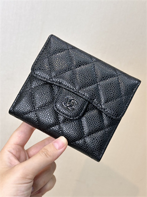 Chanel Small Flap Wallet Tri-Fold Grained Calfskin Silver Tone Metal Black A82288 (big grain)