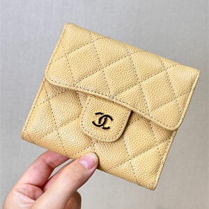 Chanel Small Flap Wallet Tri-Fold Grained Calfskin Gold Tone Metal Beige A82288