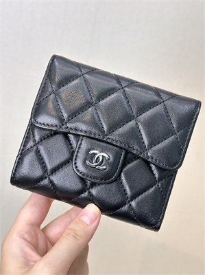 Chanel Small Flap Wallet Tri-Fold Lambskin Silver Tone Metal Black A82288