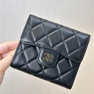 Chanel Small Flap Wallet Tri-Fold Lambskin Gold Tone Metal Black A82288