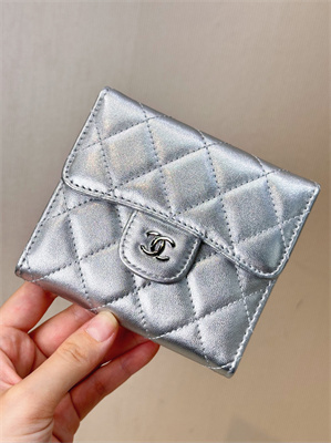 Chanel Small Flap Wallet Tri-Fold Lambskin Silver Tone Metal Silver A82288