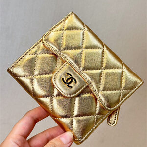 Chanel Small Flap Wallet Tri-Fold Lambskin Gold Tone Metal Gold A82288