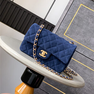 Cha.nel Mini Classic Flap Bag Suede Gold Tone Metal Blue 01116