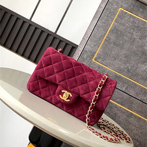 Cha.nel Mini Classic Flap Bag Suede Gold Tone Metal Burgundy 01116