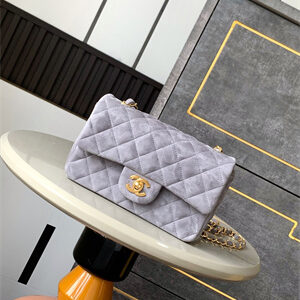 Cha.nel Mini Classic Flap Bag Suede Gold Tone Metal Grey 01116