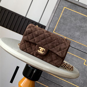 Cha.nel Mini Classic Flap Bag Suede Gold Tone Metal Coffee 01116