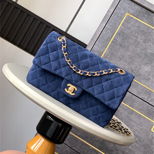 Cha.nel Medium Classic Flap Bag Suede Gold Tone Metal Blue 01112