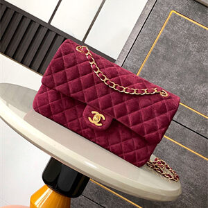 Cha.nel Medium Classic Flap Bag Suede Gold Tone Metal Burgundy 01112