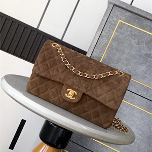 Cha.nel Medium Classic Flap Bag Suede Gold Tone Metal Brown 01112