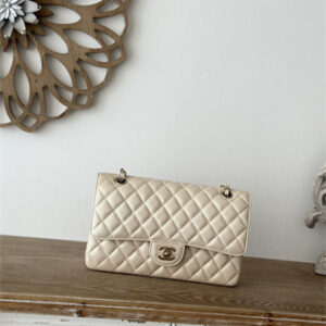 Chanel Medium Classic Flap Bag Iridescent Grained Calfskin Gold Tone Metal Lt Beige 01112