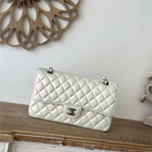 Chanel Medium Classic Flap Bag Iridescent Lambskin Silver Tone Metal White 01112