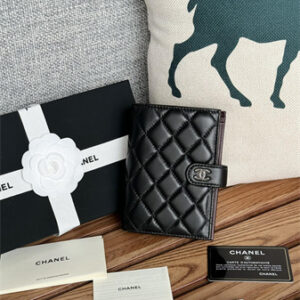 Chanel Passport Holder In Lambskin Silver Tone Metal Black AP3658