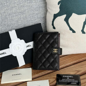 Chanel Passport Holder In Grained Calfskin Gold Tone Metal Black AP3658