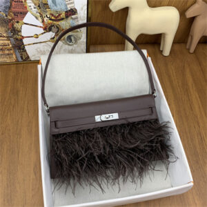 Kelly Elan Bag Goatskin Leather With Ostrich Feather Silver Tone Metal In Rouge Moyen HS