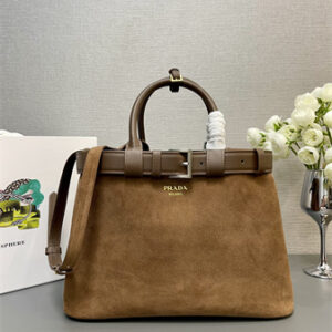 Prada Buckle medium Suede leather handbag with double belt Brown1BA417
