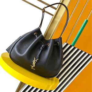 Y.S.L PARIS VII FLAT Small HOBO BAG In Black Grained Calfskin Leather