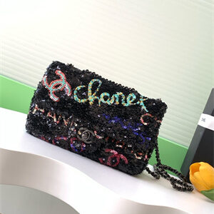 Cha.nel Flap Bag Sequins & Silver-Tone Metal  Black AS4561