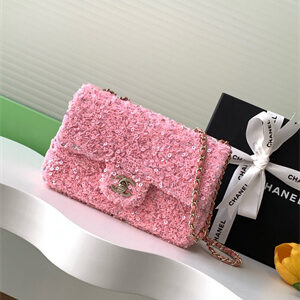 Cha.nel Mini Classic Handbag Sequins and Gold Tone Metal Pink A69900