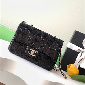 Cha.nel Mini Classic Handbag Sequins and Gold Tone Metal Black A69900