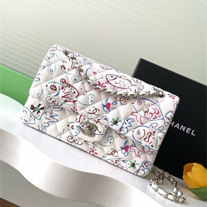 Cha.nel Medium Classic Flap Bag Colorful Canvas Silver Tone Metal  White 01112