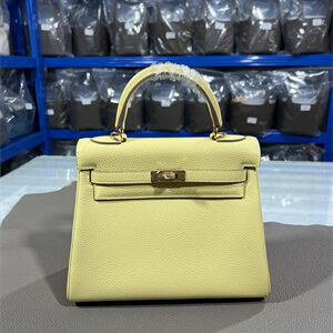 Kelly Retourne Bag Togo Leather 25/28CM Gold/Silver Hardware In Jaune Poussin Color HS