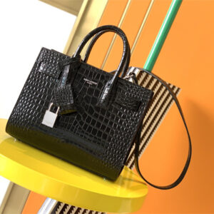 Y.S.L SAC DE JOUR NANO In Black Crocodile Embossed Leather Silver Tone Metal