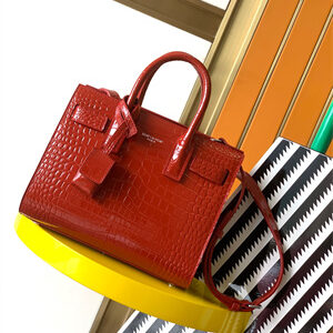 Y.S.L SAC DE JOUR NANO In Red Crocodile Embossed Leather Silver Tone Metal