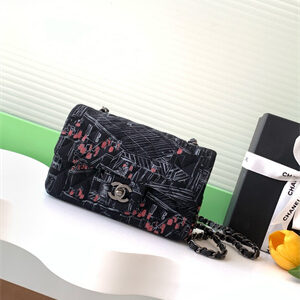 Cha.nel Mini Classic Flap Bag Colorful Canvas Silver Tone Metal Black 01116