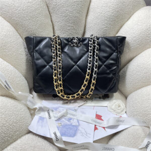 Cha.nel 19 Shopping Bag Lambskin Silver Tone Metal Black AS3660