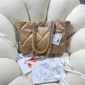 Cha.nel 19 Shopping Bag Lambskin Silver Tone Metal Brown AS3660