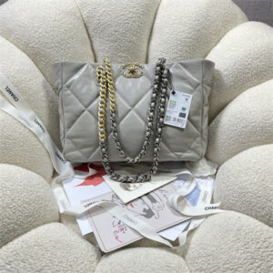 Cha.nel 19 Shopping Bag Lambskin Gold Tone Metal Lt Grey AS3660