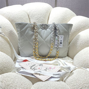 Cha.nel 19 Shopping Bag Lambskin Silver Tone Metal Grey AS3660