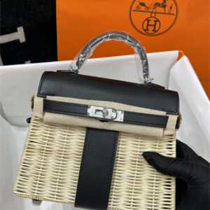 Kelly Mini Picnic Bag 20 Swift Leather Wicker Silver Tone Hardware Black Color HS
