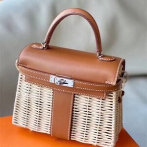 Kelly Mini Picnic Bag 20 Swift Leather Wicker Silver Tone Hardware Brown Color HS
